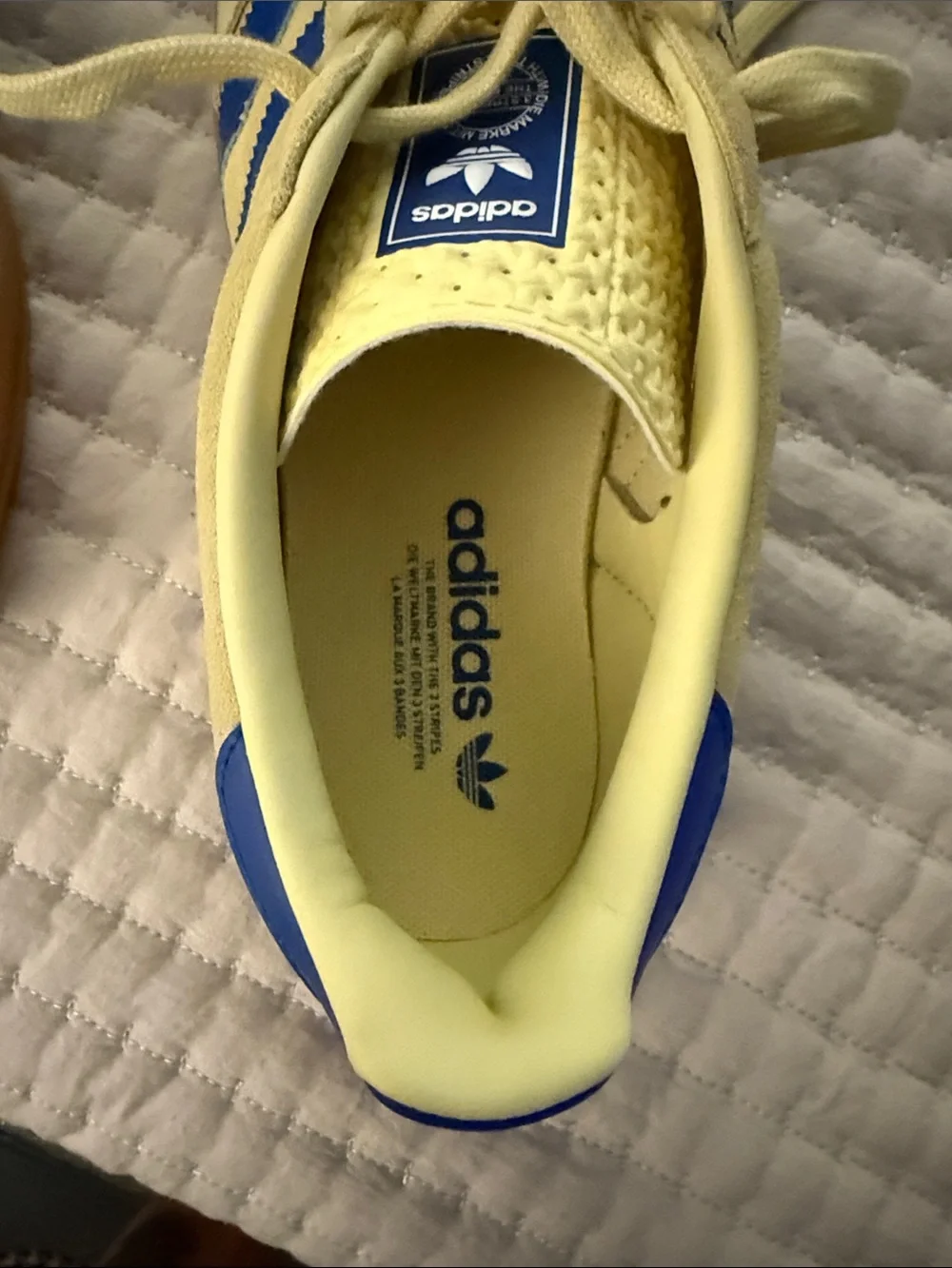 Pale yellow Adidas Gazelles with blue stripes